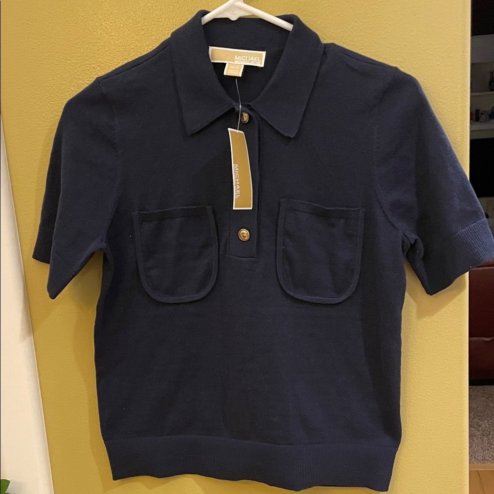 NWT Michael Kors Dark Blue Knitted Polo with Pockets